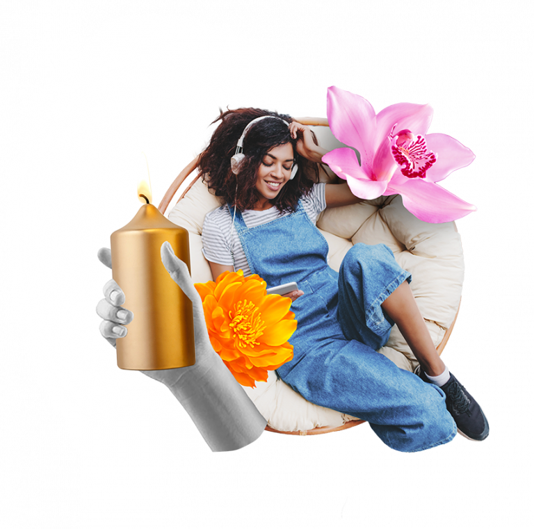design of woman sitting in a comfy chair with added flowers and scented candles