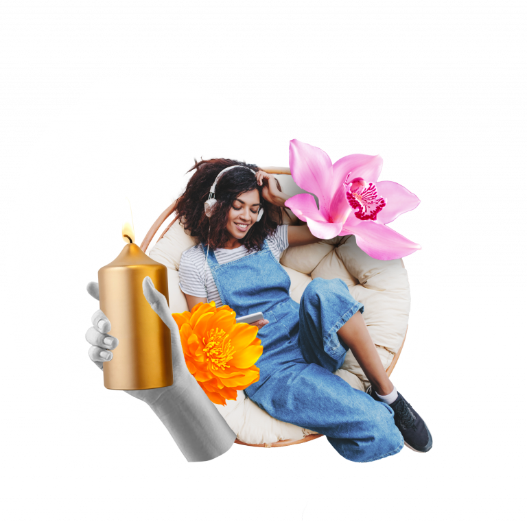 design of woman sitting in a comfy chair with added flowers and scented candles