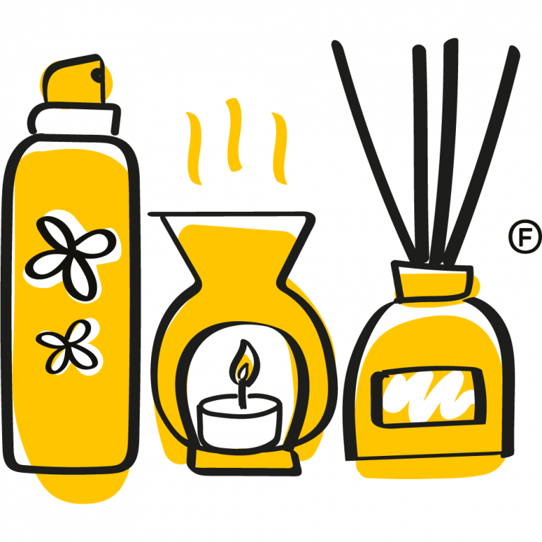 yellow illustration of: perfume, scented candle and essential oil reed diffuser