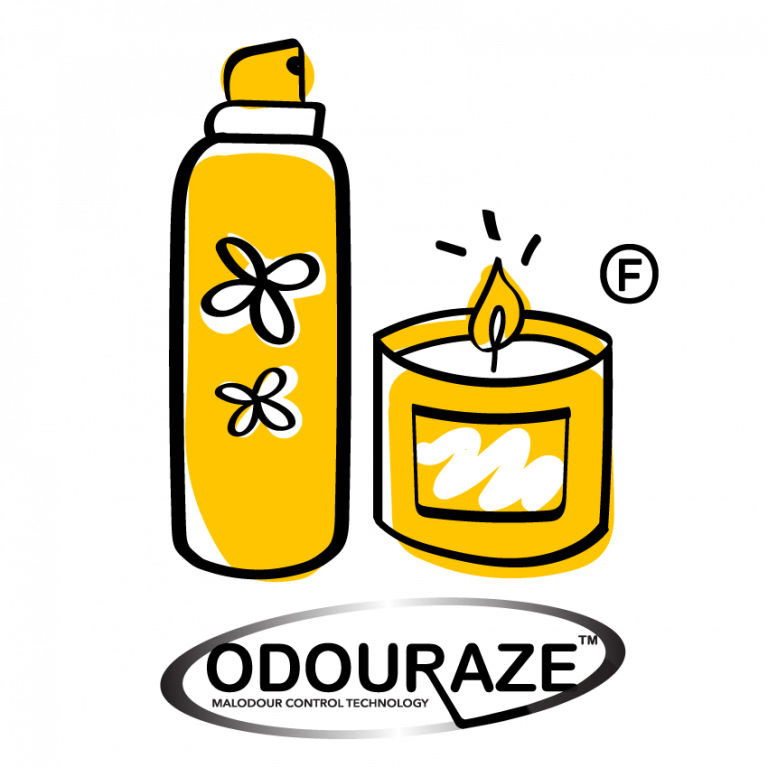 yellow illustration of: perfume, scented candle and odouraze logo